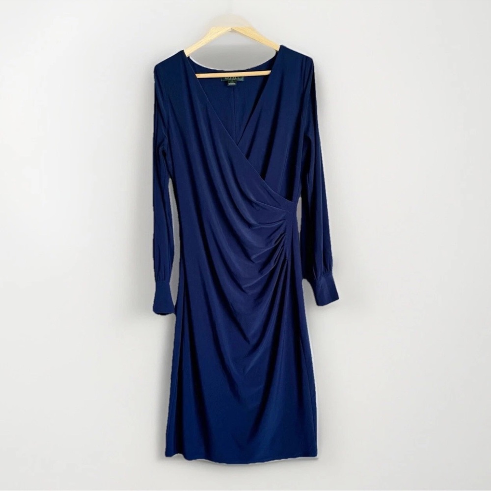 Lauren Ralph Lauren Women’s Navy Blue Faux Wrap Dress SZ 10 Bishop Slit Sleeves
